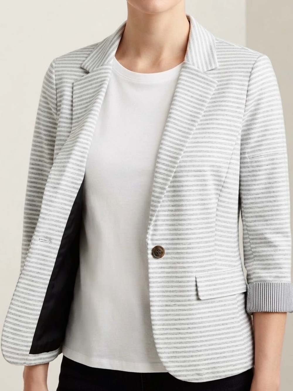 Merona Grey White Striped One Button Blazer Jacket 3/4 Sleeve Size 10